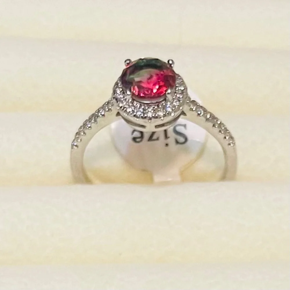Watermelon Topaz and CZ Halo Ring 18K White Gold Filled Size 10